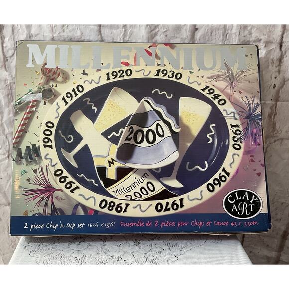 1998 Vintage Ceramic 2000 CHIP & DIP Millennium Party Tray& Bowl, Clay Art NIB - Picture 9 of 10